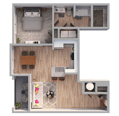 Floor plan for 1 bed, 1 bath, 911 sqft